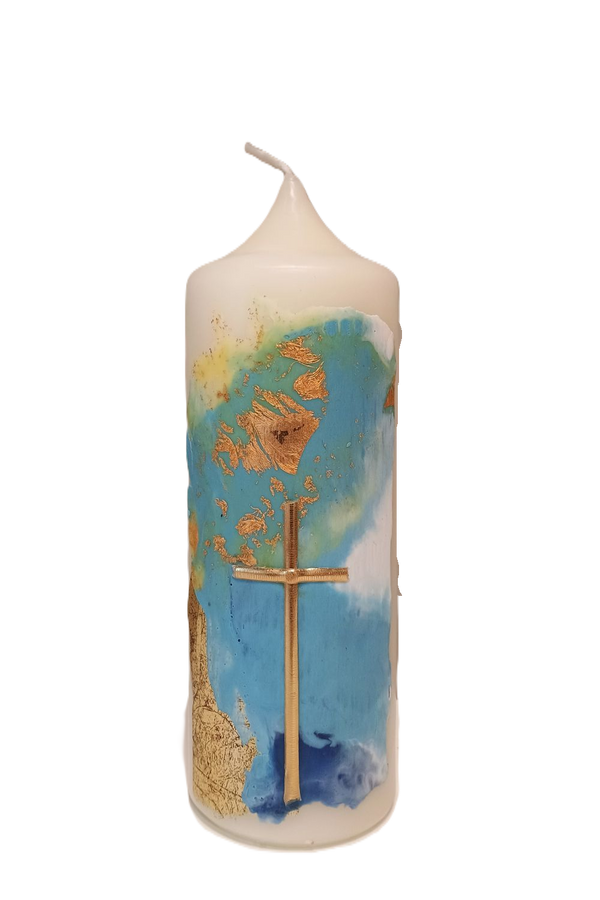 Kerze "Kreuz türkis" (7x20 cm)