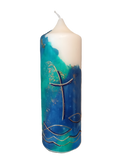 Kreuzkerze Türkis-blau mit Fisch (8x25 cm)