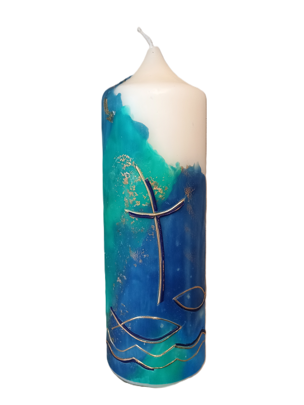 Kreuzkerze Türkis-blau mit Fisch (8x25 cm)